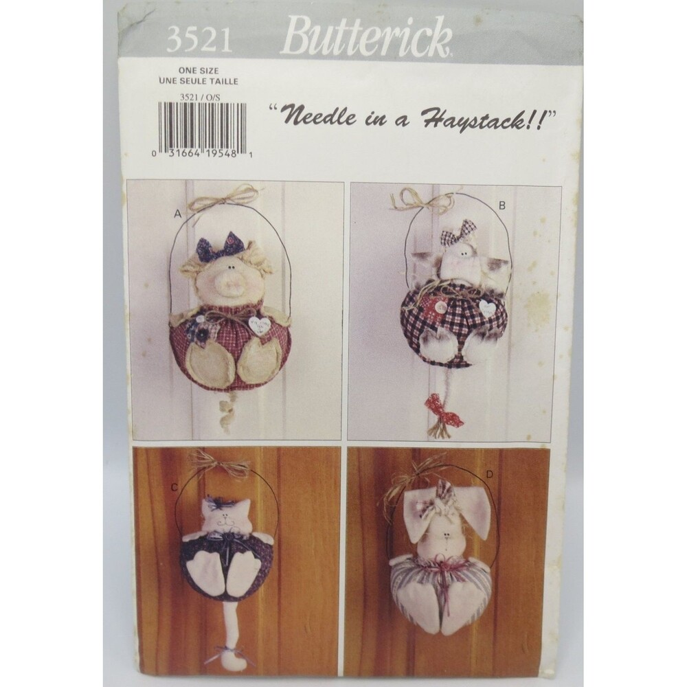 Butterick 3521 Decorative Animals Hangers One Size 90s Craft Pattern